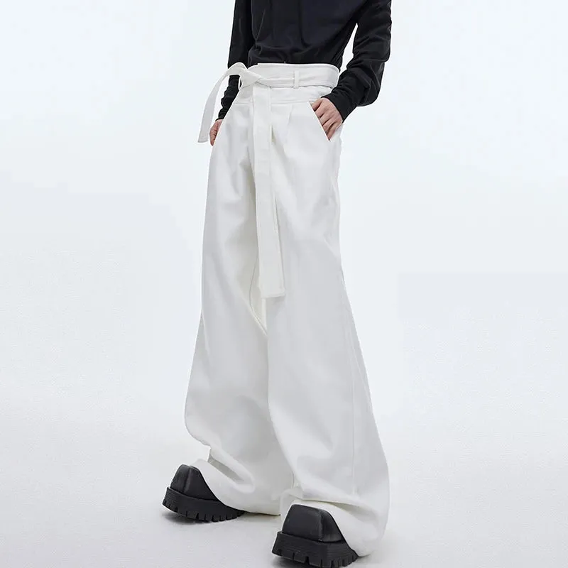 High Waist Lace-up Male Causal Suit Pants Niche Design Solid Color Men's Wide Leg Trousers Personality Spring 9C4012