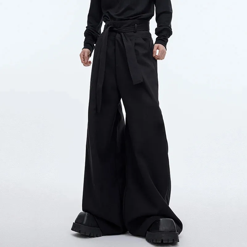 High Waist Lace-up Male Causal Suit Pants Niche Design Solid Color Men's Wide Leg Trousers Personality Spring 9C4012