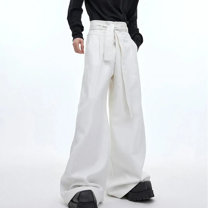 High Waist Lace-up Male Causal Suit Pants Niche Design Solid Color Men's Wide Leg Trousers Personality Spring 9C4012