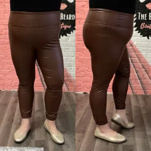 High Waist Vegan Leather Leggings Dark Camel