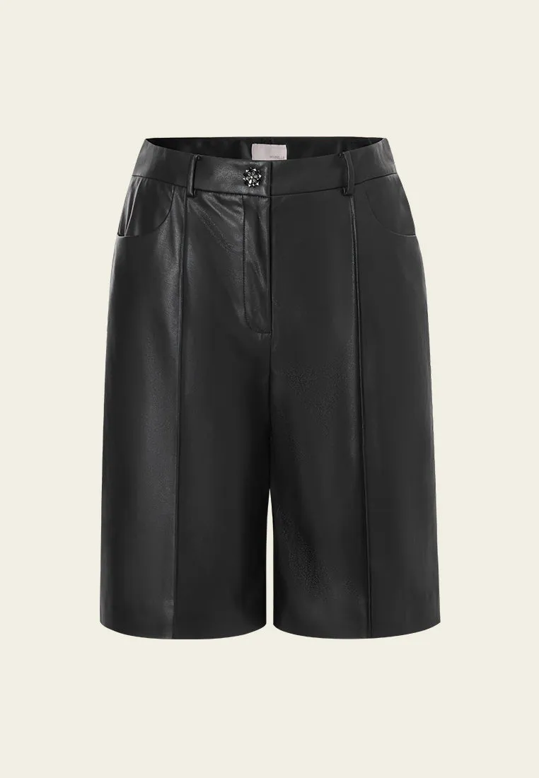 High-waisted Pressed Crease Vegan Leather Shorts