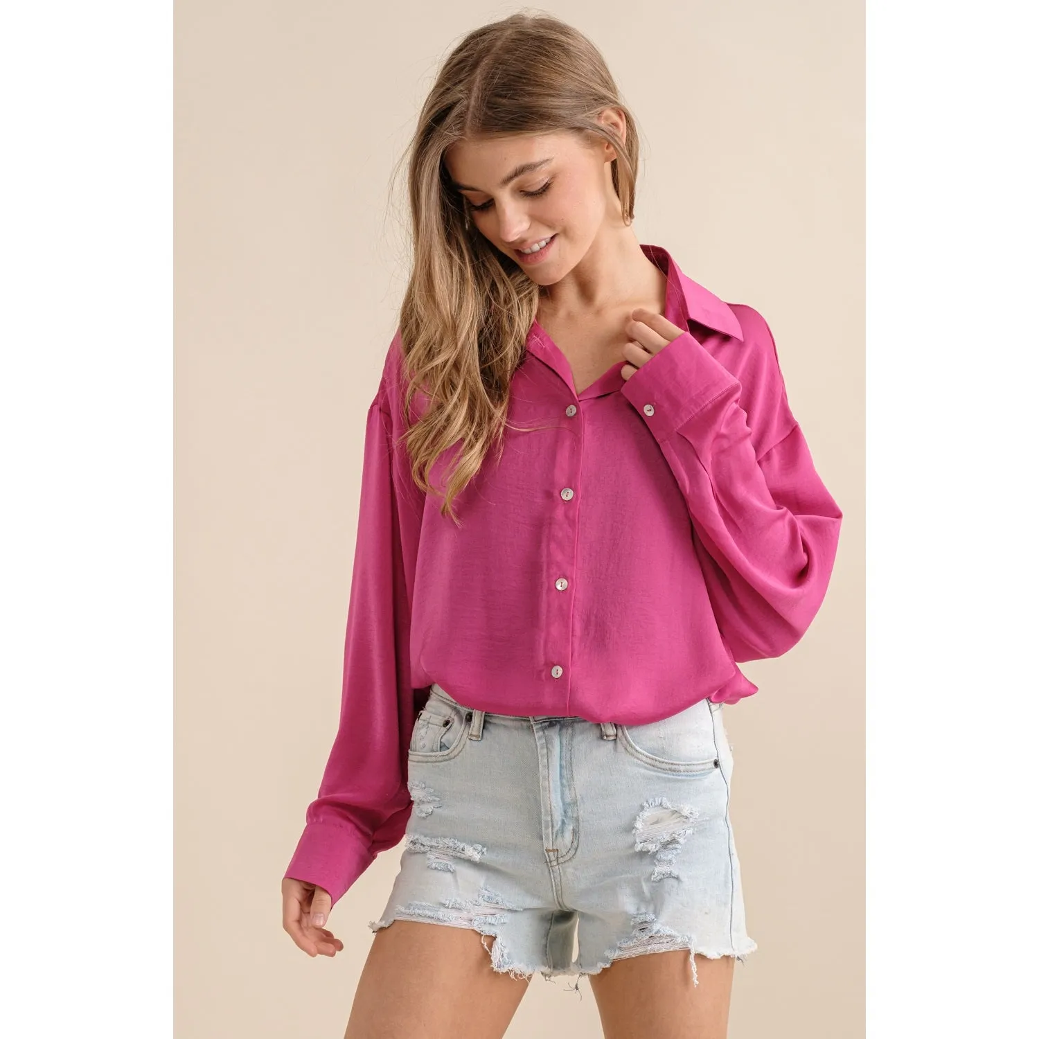 Hot Pink Satin Button Down Shirt