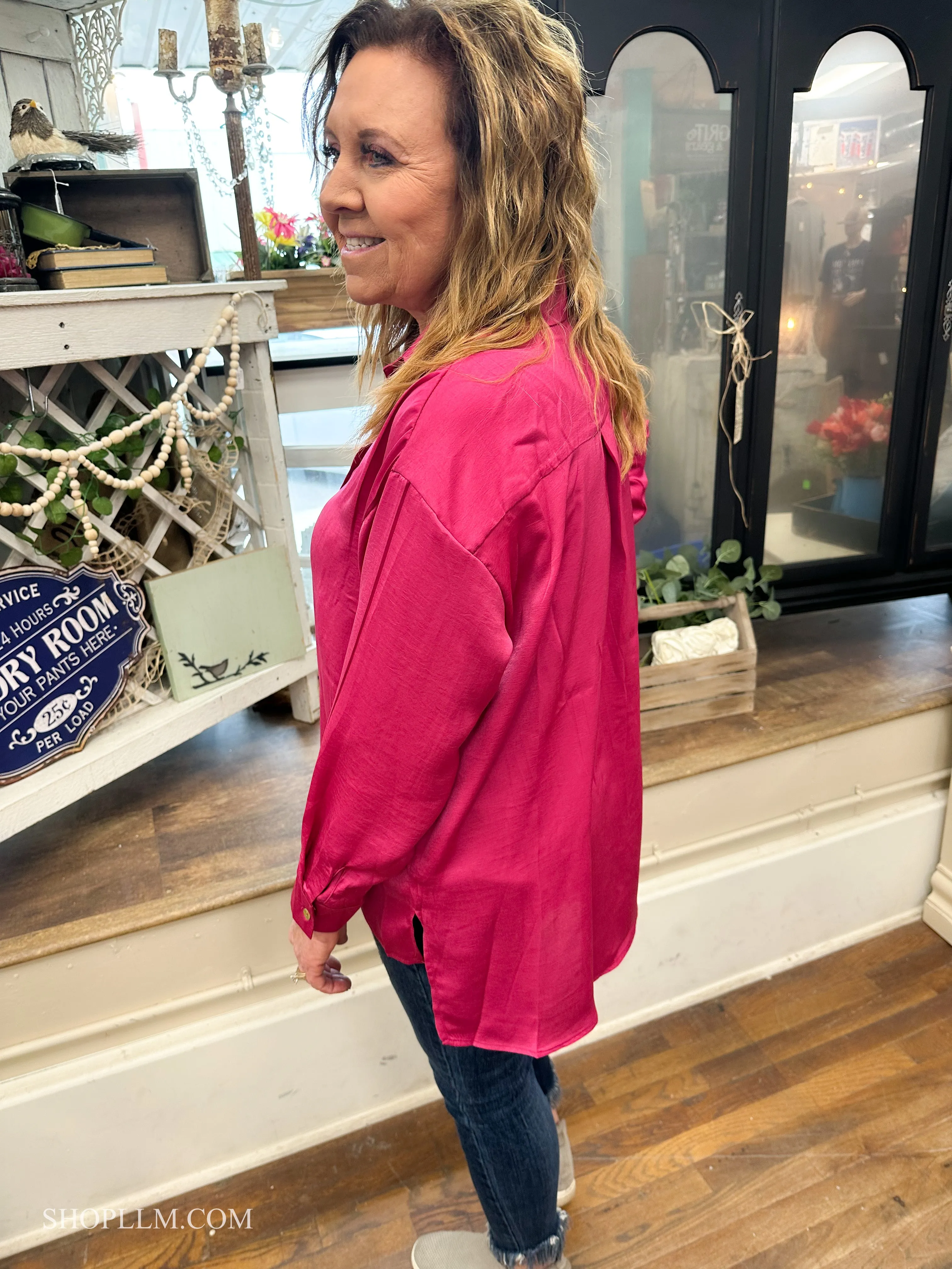 Hot Pink Satin Button Down Shirt