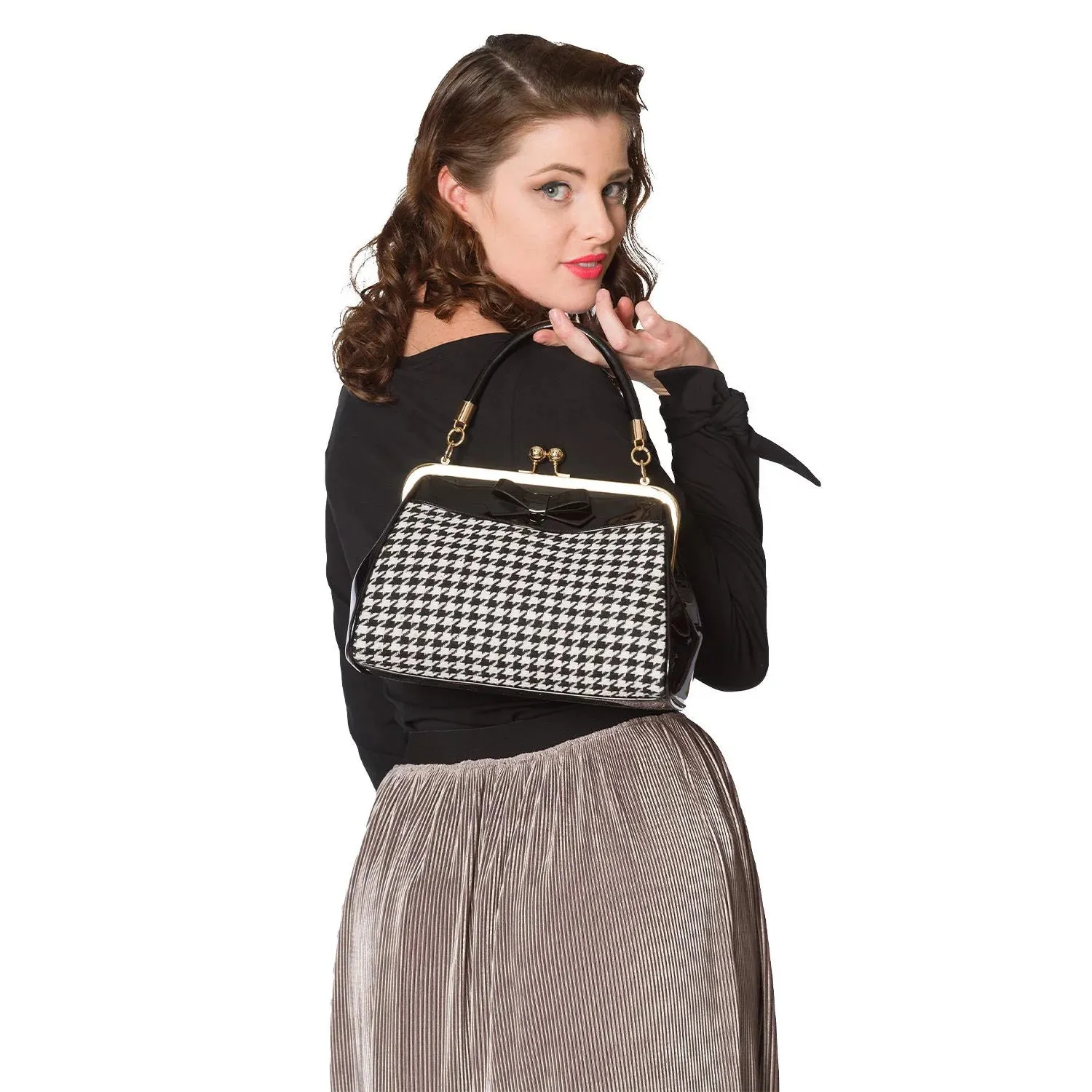 Houndstooth Check Handbag With Bow & Gold Frame