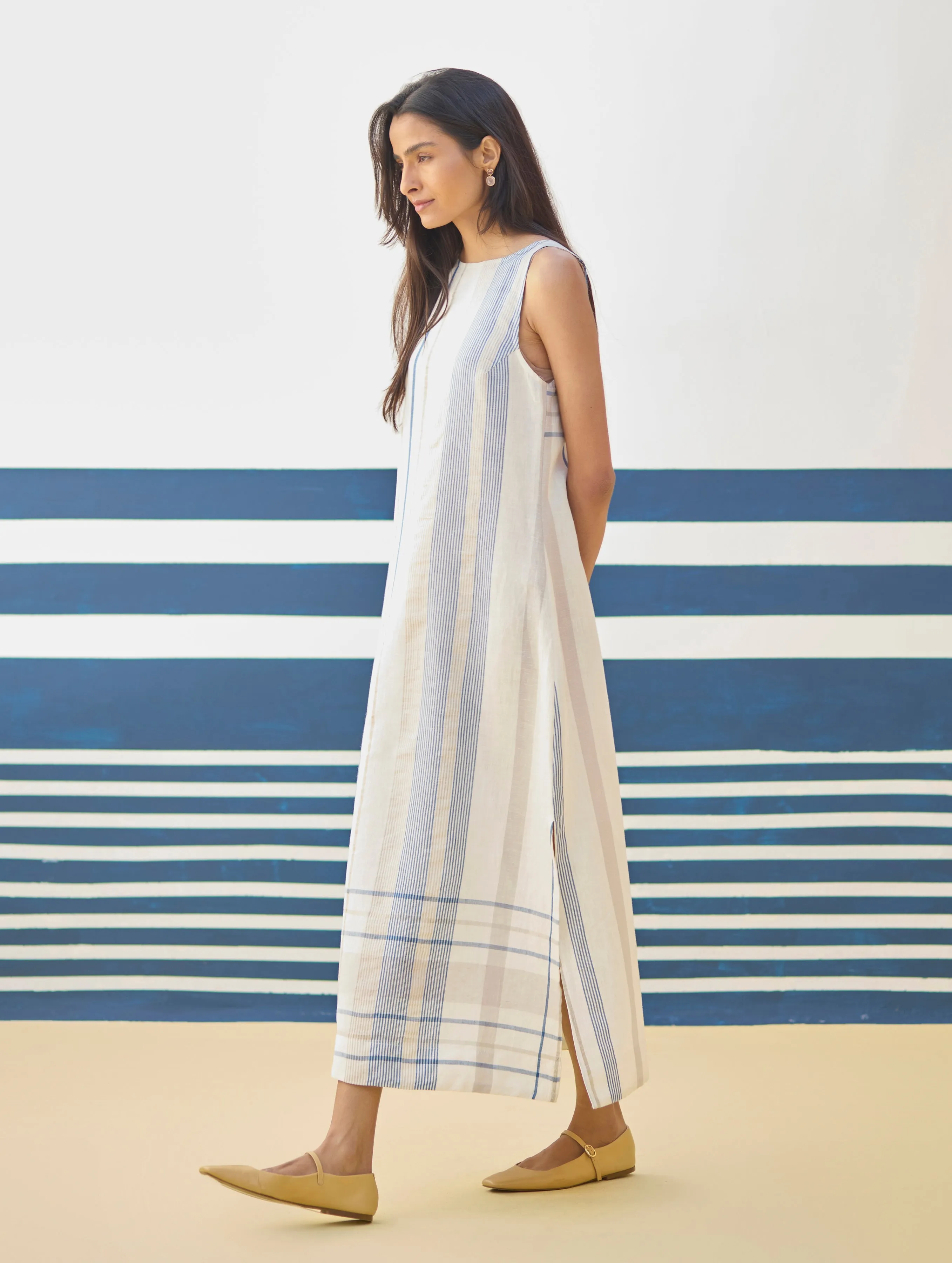 Inara Check Linen Dress With Blazer - Ivory