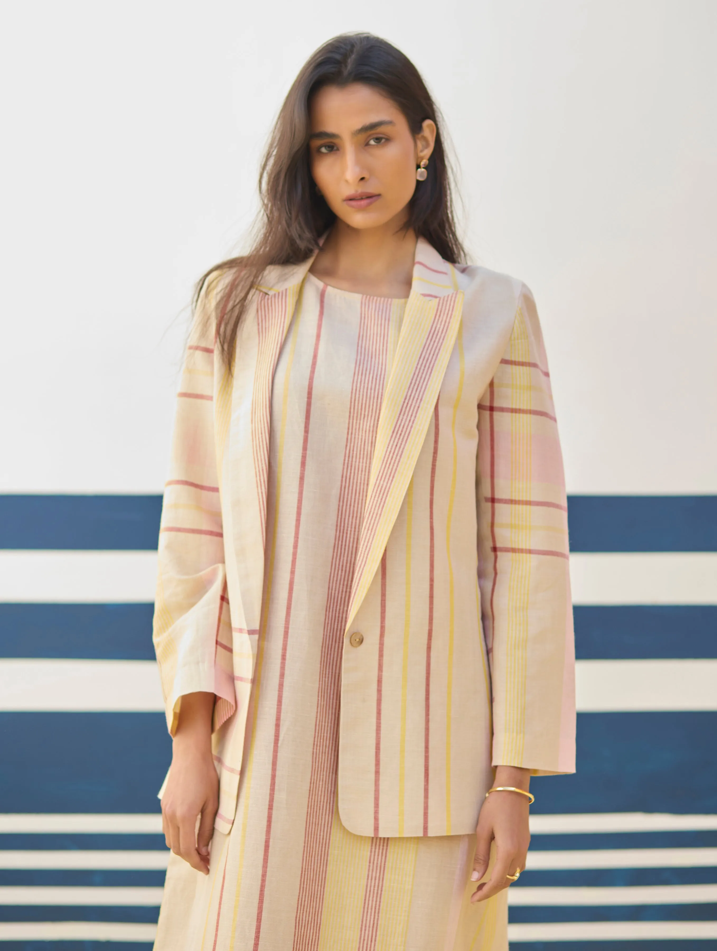 Inara Check Linen Dress With Blazer - Sand