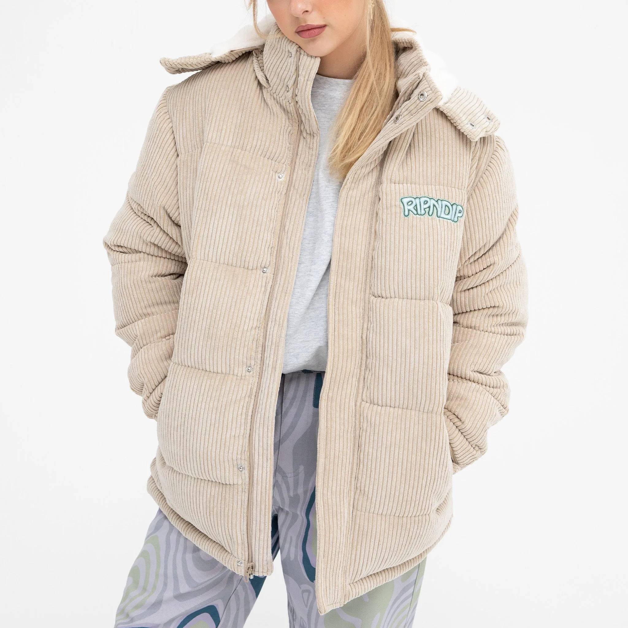 Intertwined Corduroy Puffer Jacket (Khaki)