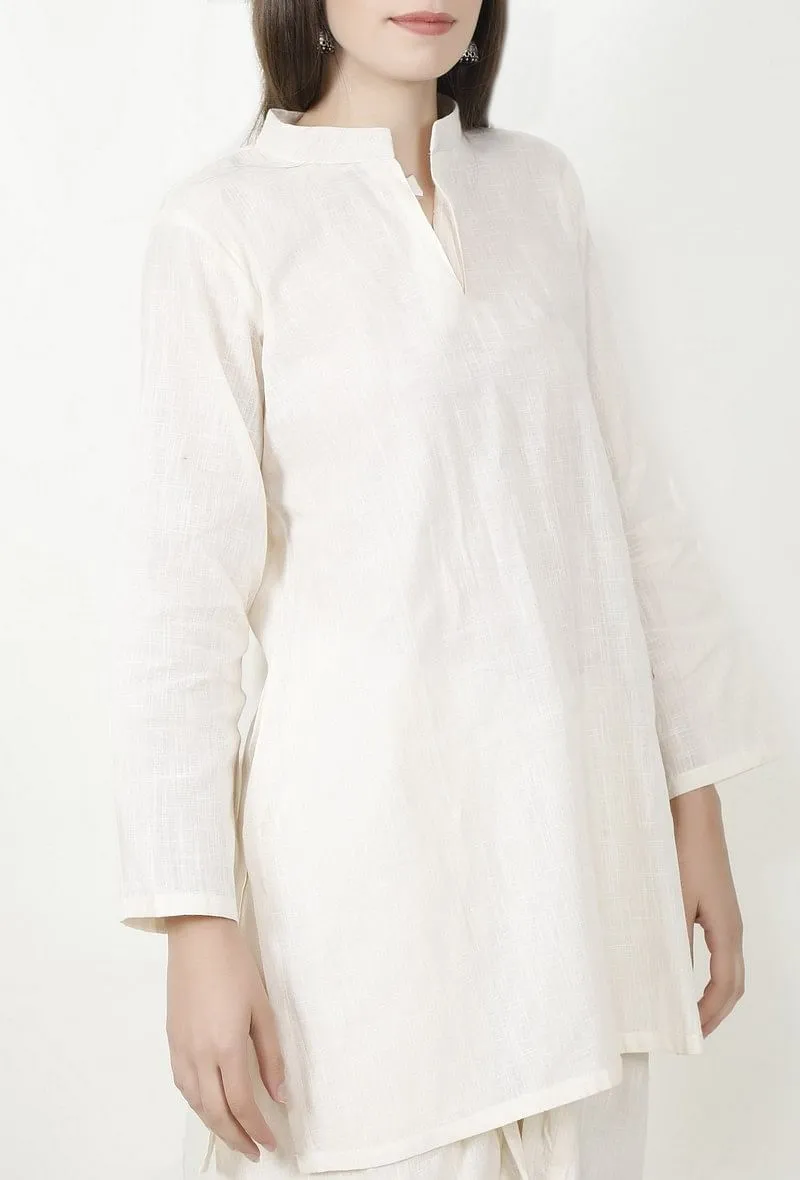 Ivory Cotton Slub Short Kurta With Dhoti