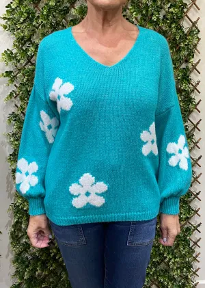 Jemma V-Neck Flower Design Jumper (4 Colours)