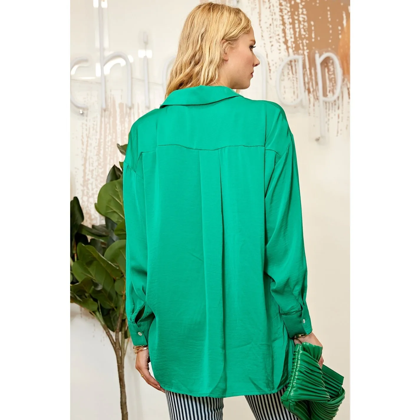 Kelly Green Satin Button Down Shirt