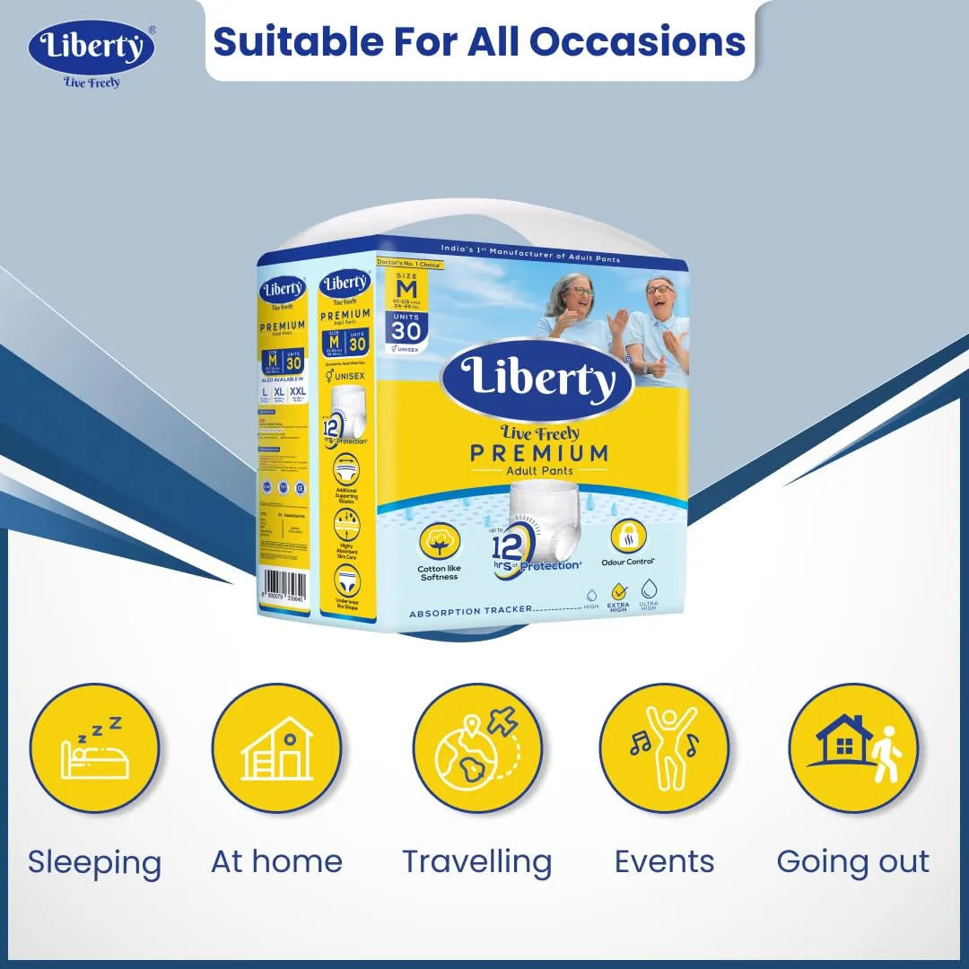 Liberty Premium Adult Diaper Pants, Medium (M) Size, 30 Count, Waist Size (61-115cm | 24-45 inches), Unisex, Leak Proof, Extra Elastics, High Absorbency, 12 Hrs protection, Pack of 1