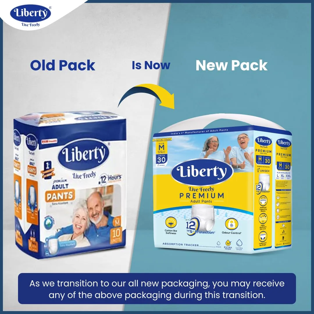 Liberty Premium Adult Diaper Pants, Medium (M) Size, 30 Count, Waist Size (61-115cm | 24-45 inches), Unisex, Leak Proof, Extra Elastics, High Absorbency, 12 Hrs protection, Pack of 1