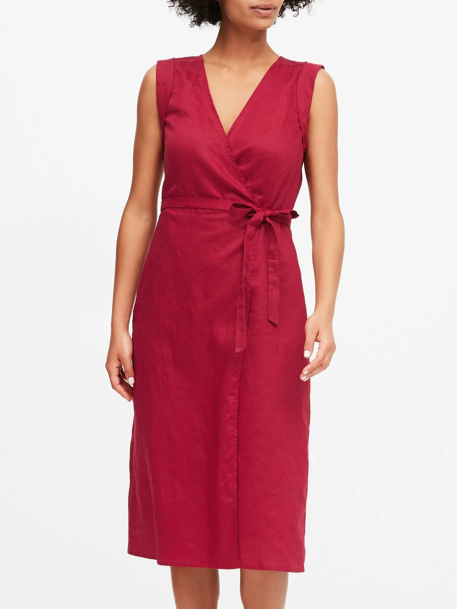 Linen-Cotton Wrap Dress in Firebrick Red