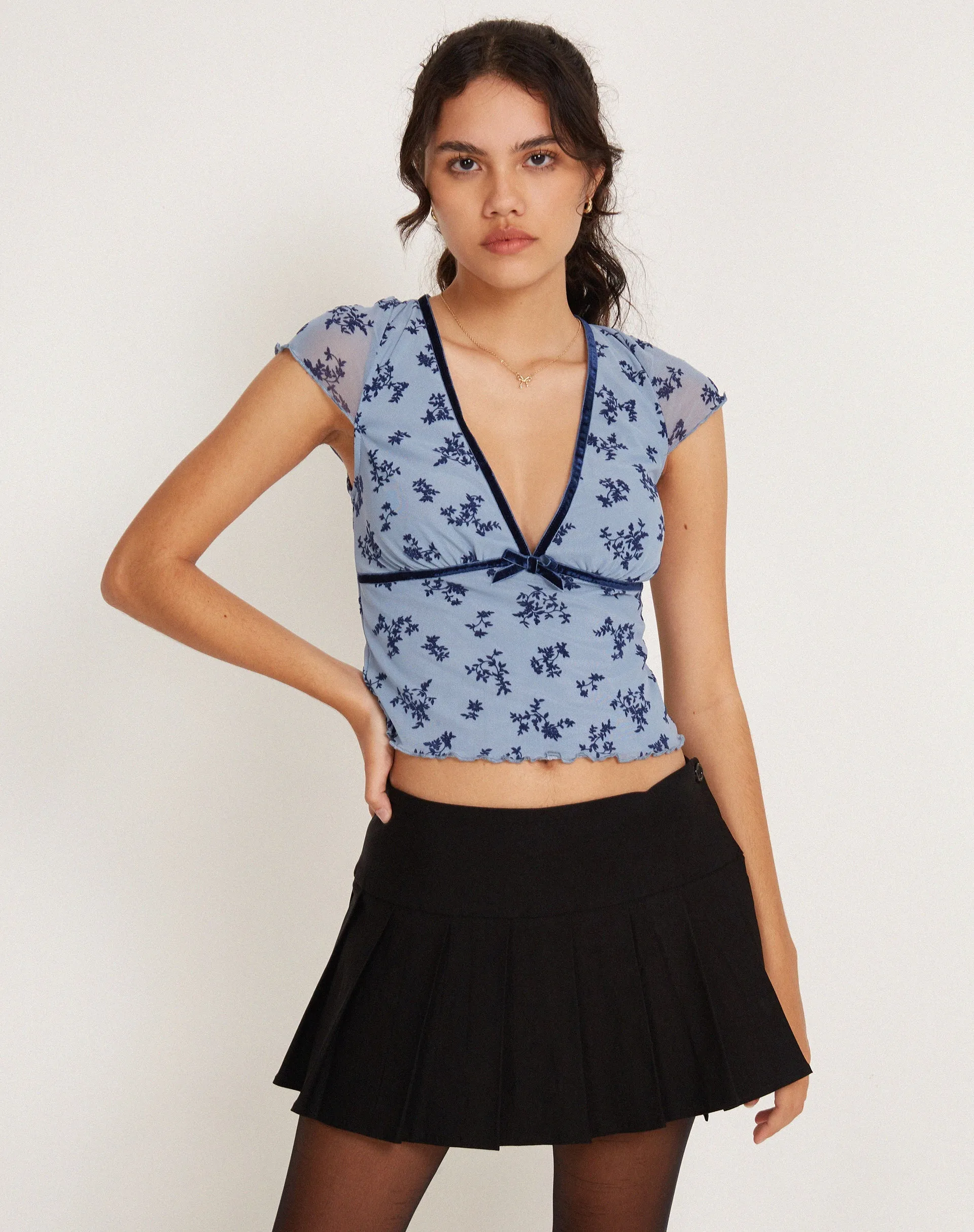 Livi Mesh Top in Light Blue and Navy Botanist Flocking