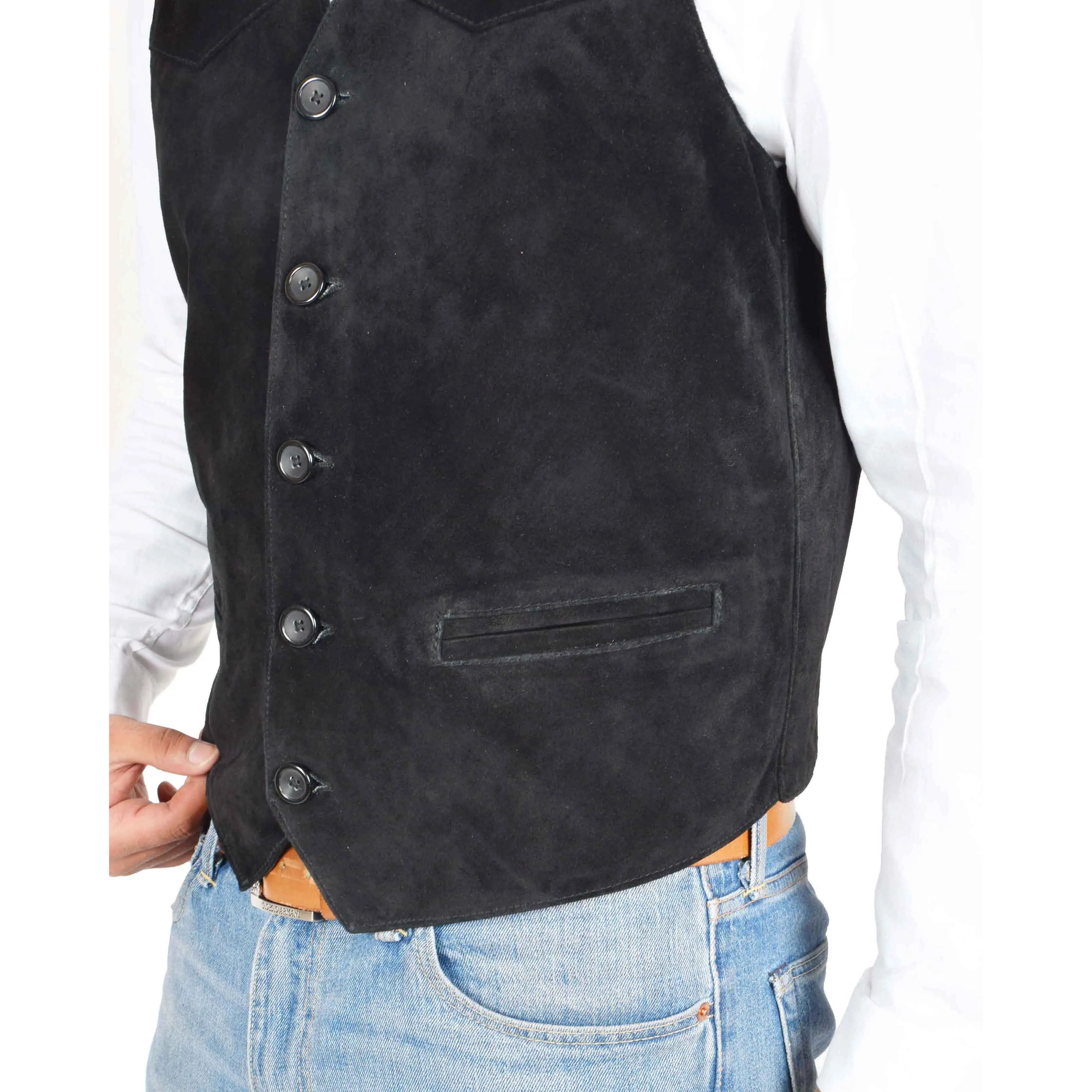 Mens Suede Button Fastening Waistcoat Don Black