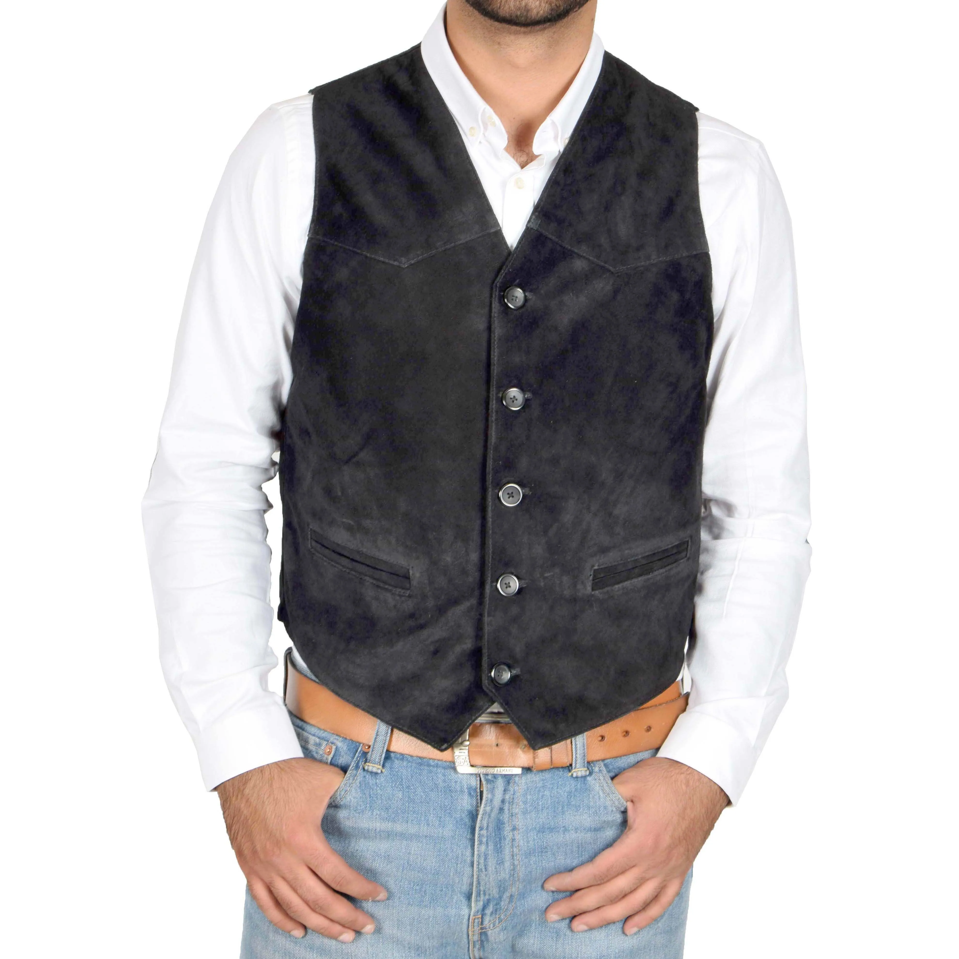 Mens Suede Button Fastening Waistcoat Don Black