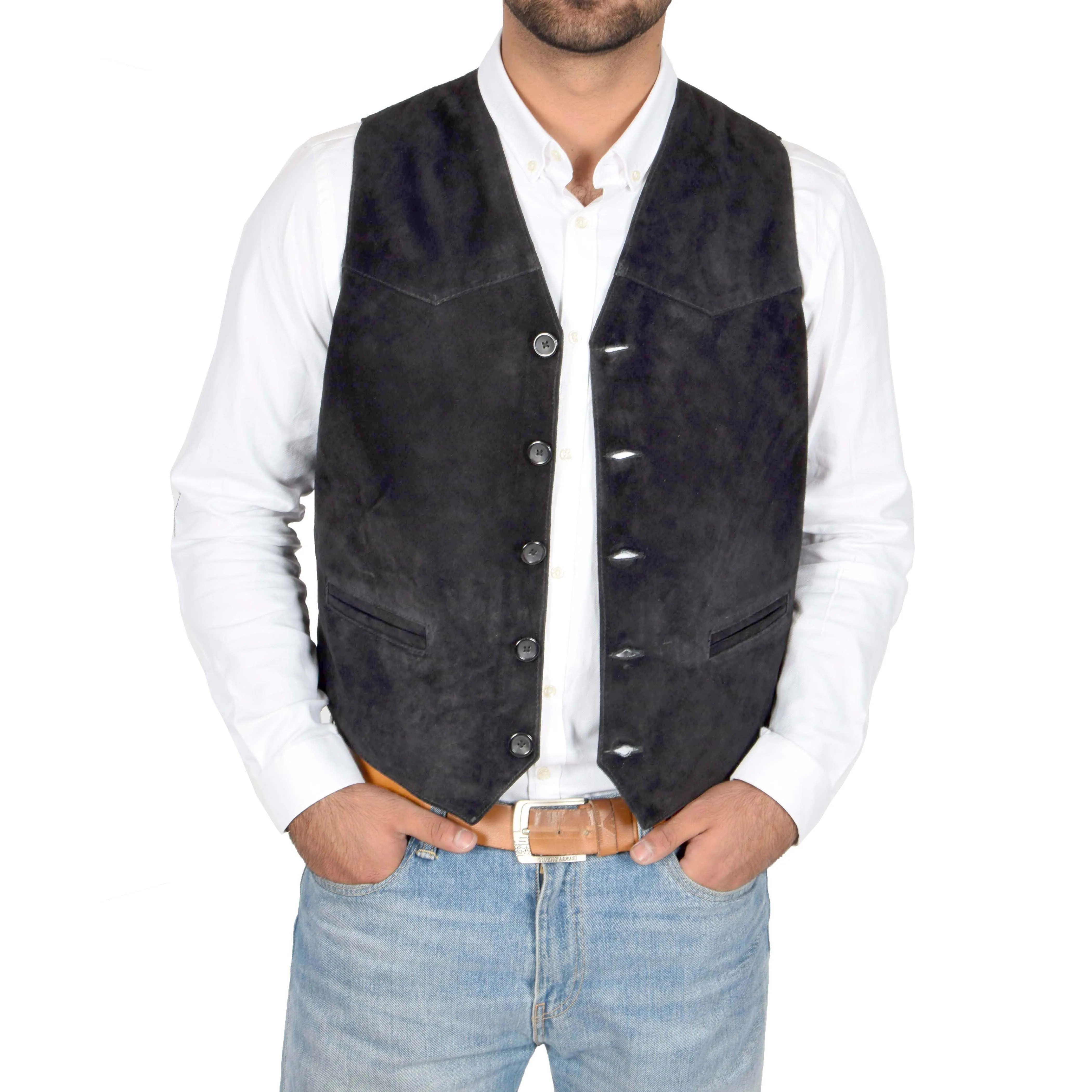 Mens Suede Button Fastening Waistcoat Don Black