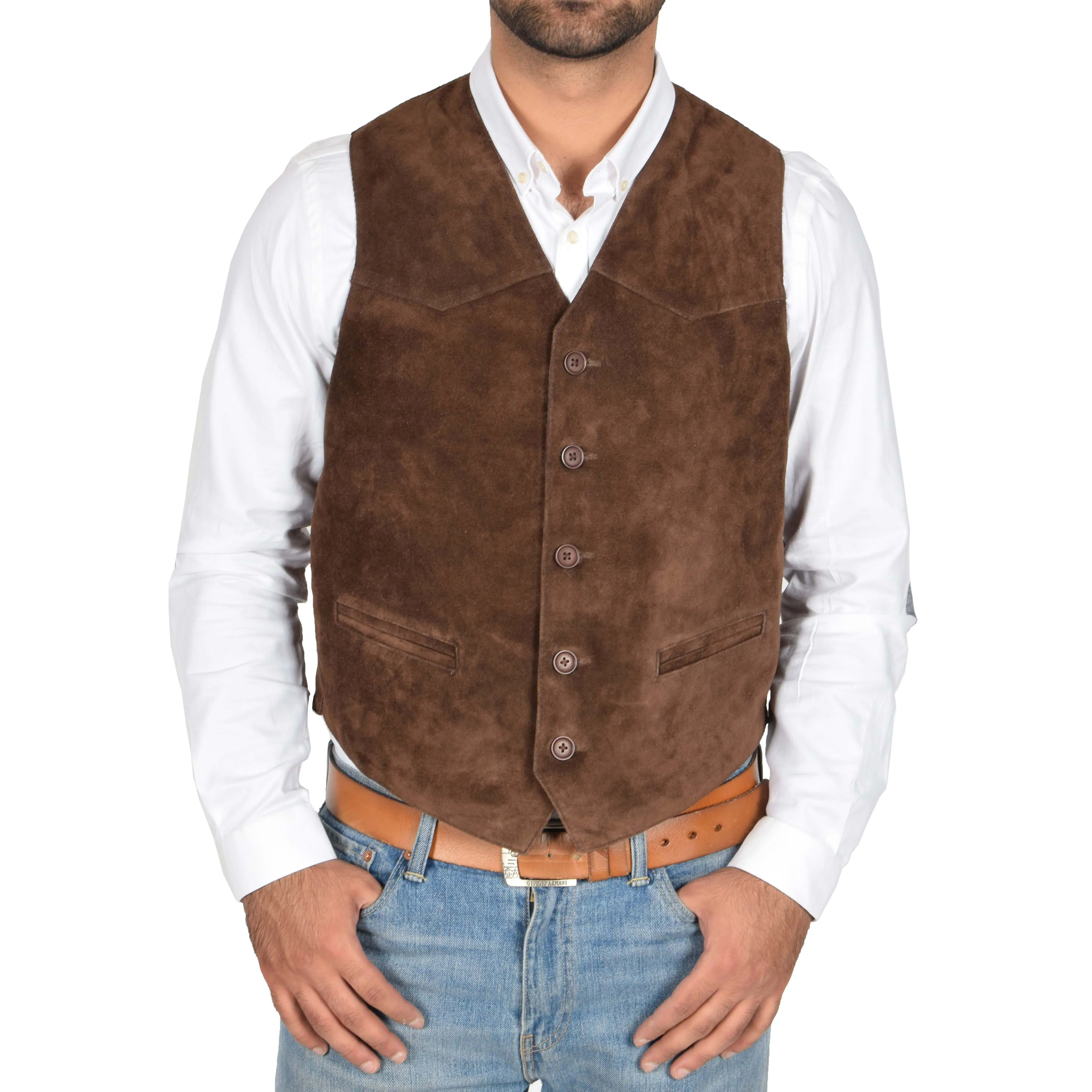 Mens Suede Button Fastening Waistcoat Don Brown