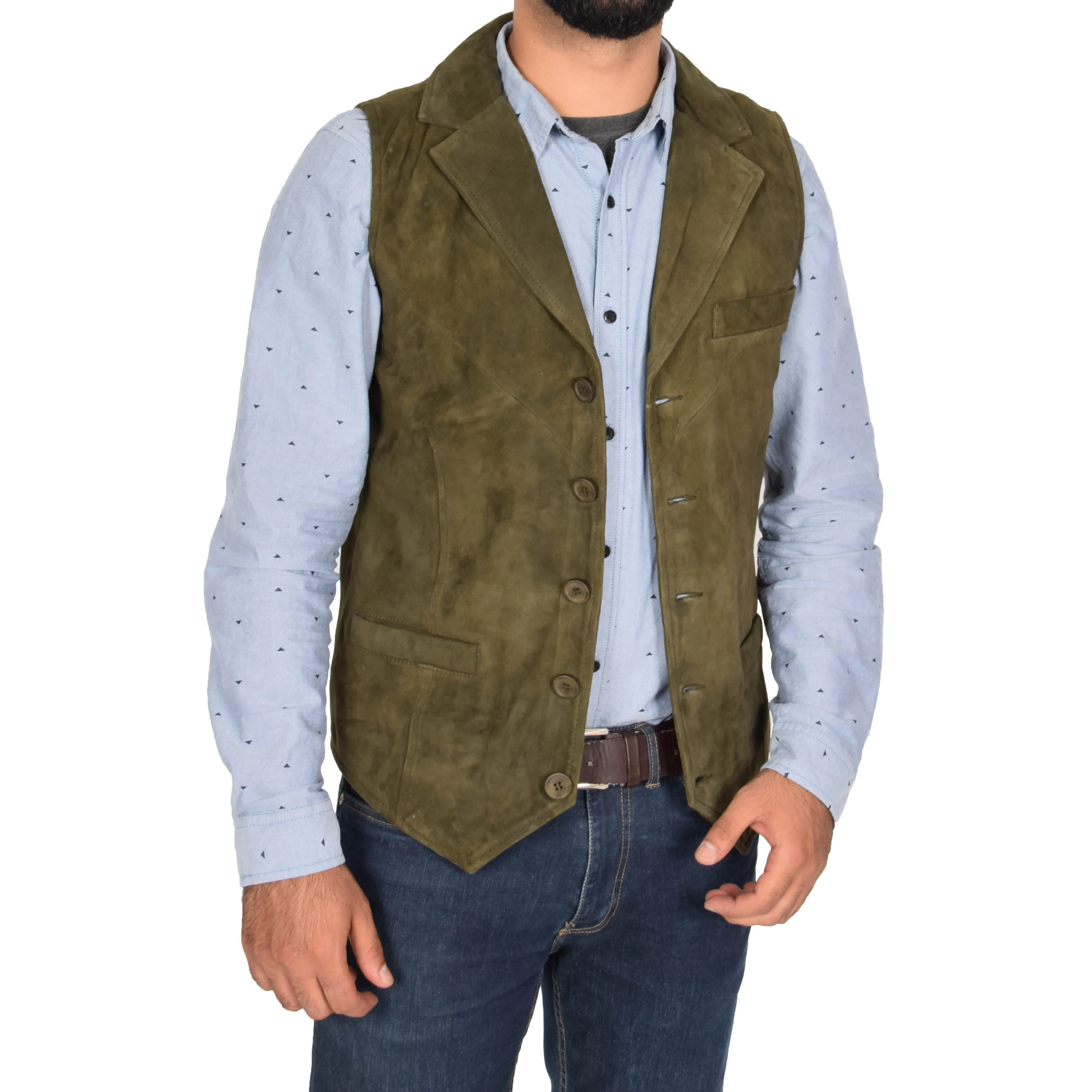 Mens Suede Buttoned Waistcoat Gilet Devin Green