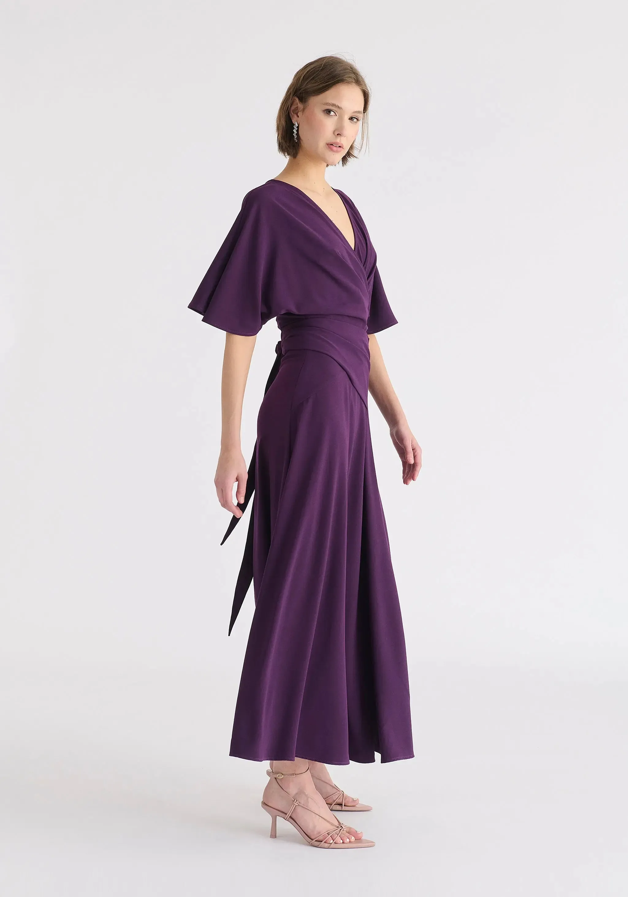 Midnight Plum Flare Sleeves Maxi Wrap Dress