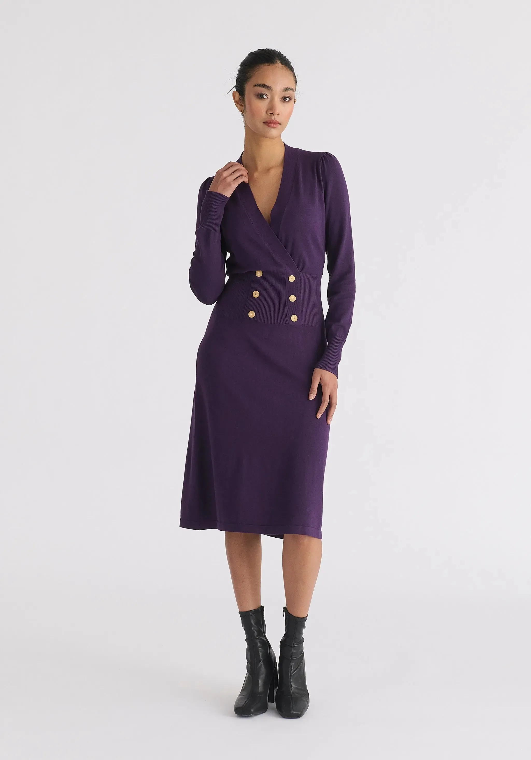 Midnight Plum Long Sleeve Knitted Button Wrap Dress