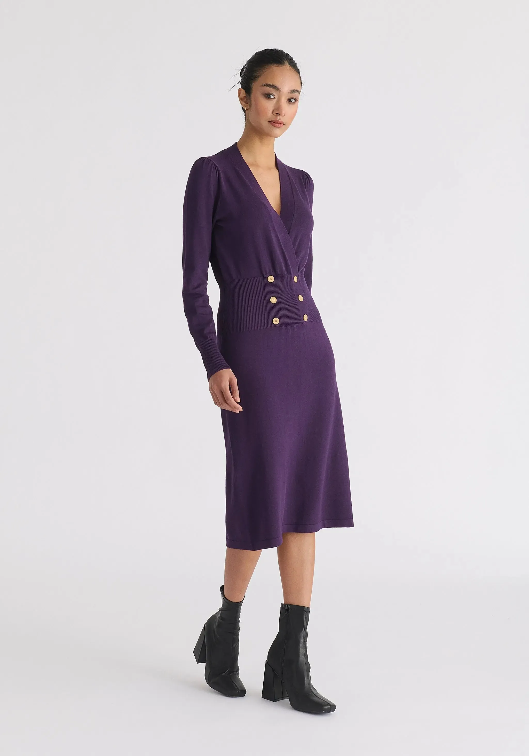 Midnight Plum Long Sleeve Knitted Button Wrap Dress