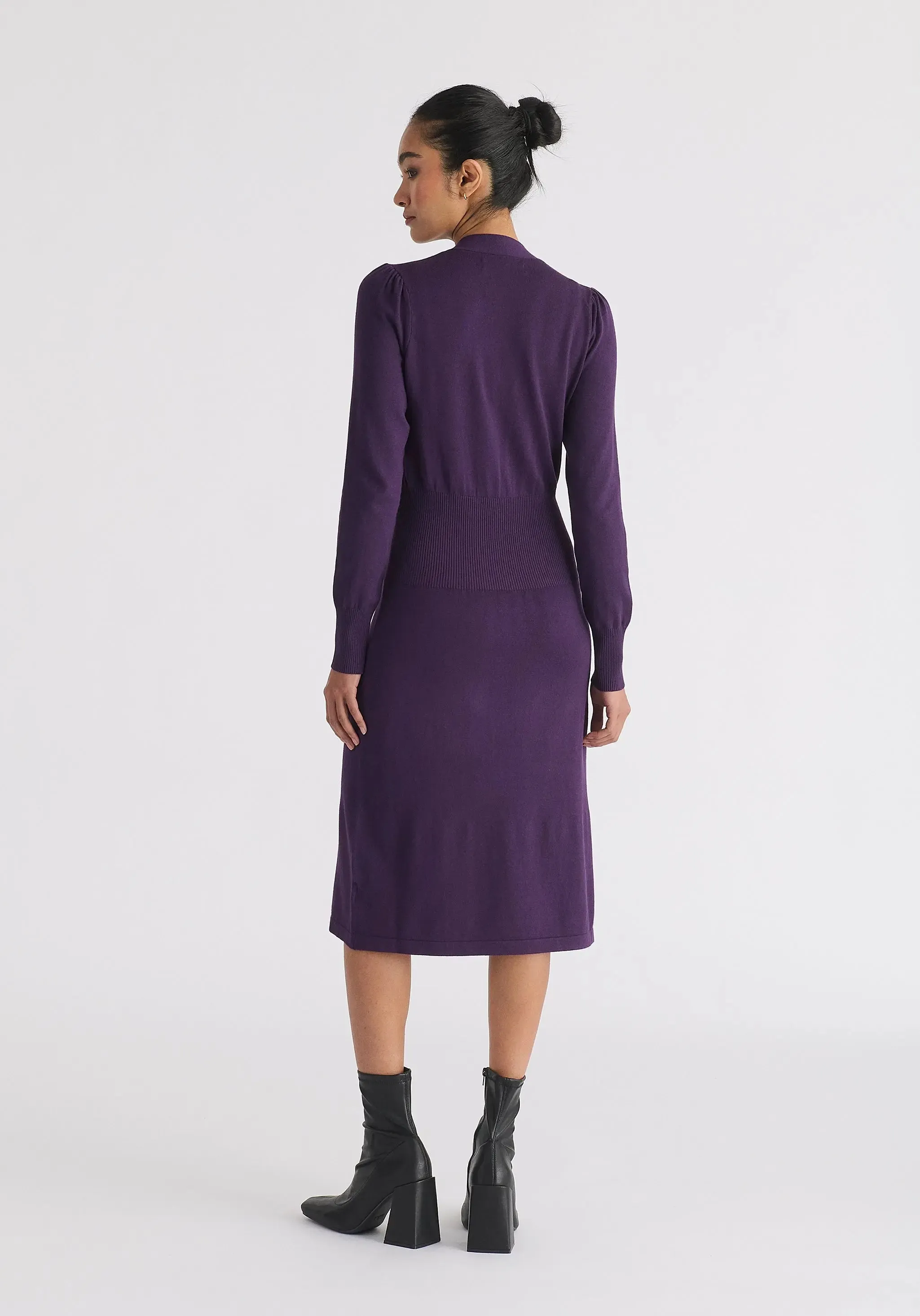 Midnight Plum Long Sleeve Knitted Button Wrap Dress