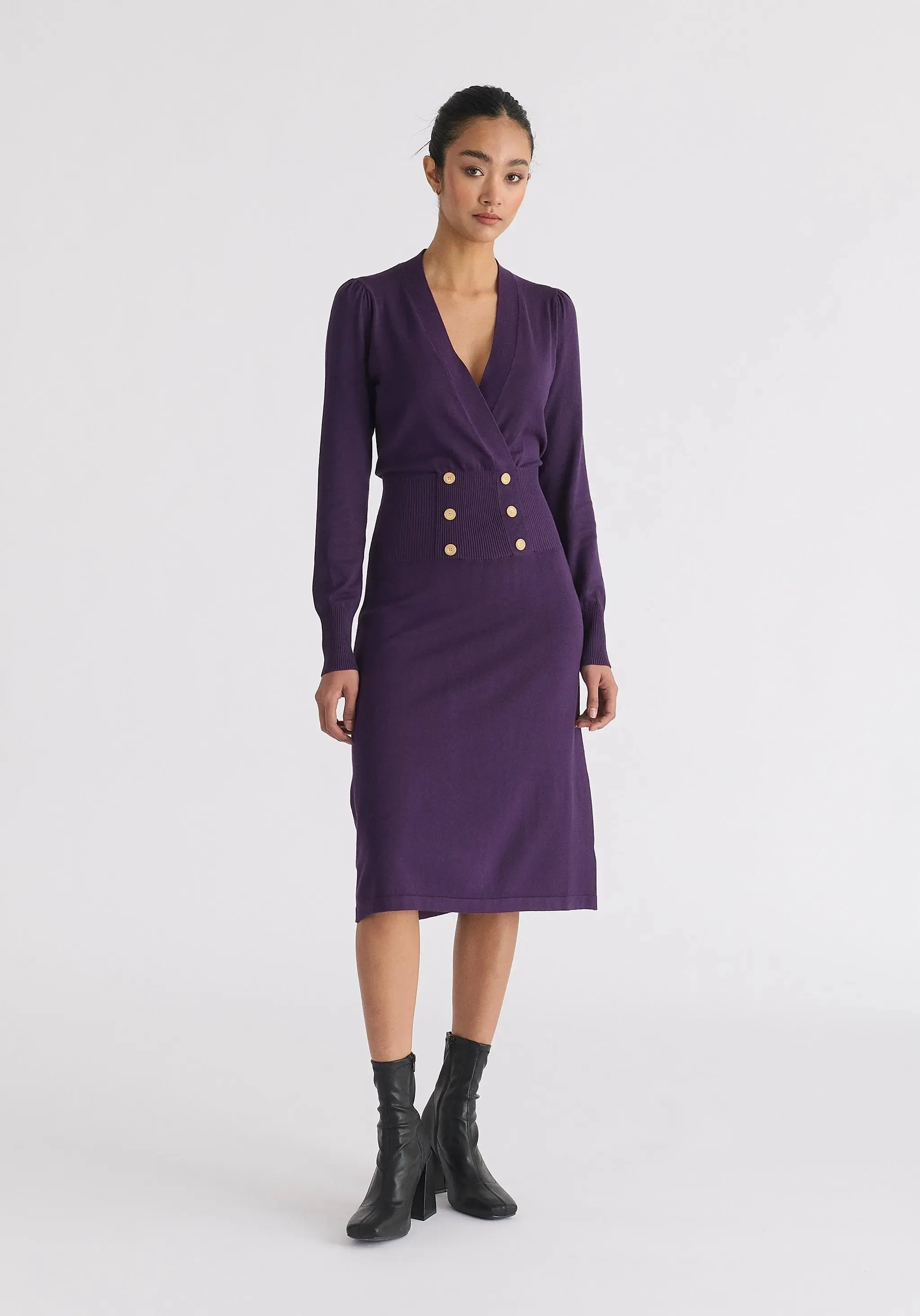 Midnight Plum Long Sleeve Knitted Button Wrap Dress