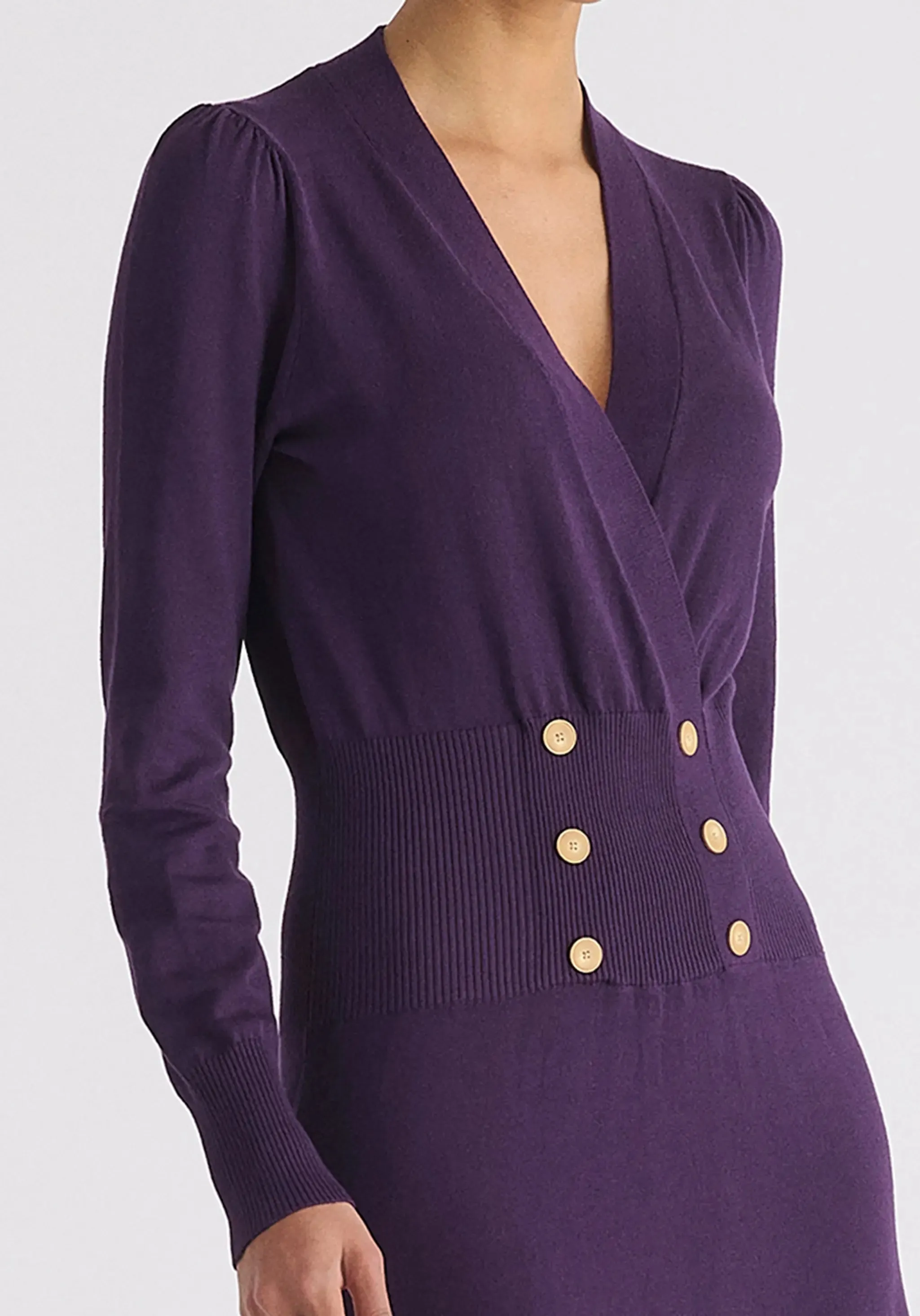 Midnight Plum Long Sleeve Knitted Button Wrap Dress