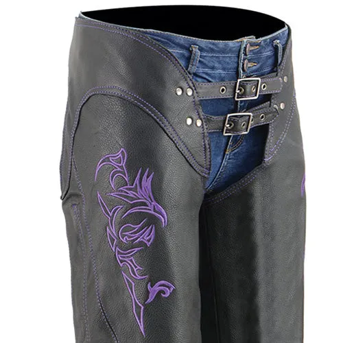 Milwaukee Leather Chaps for Women Black and Purple Low-Rise Waist- Double Buckle Reflective Embroidery Motorcycle Chap- ML1187