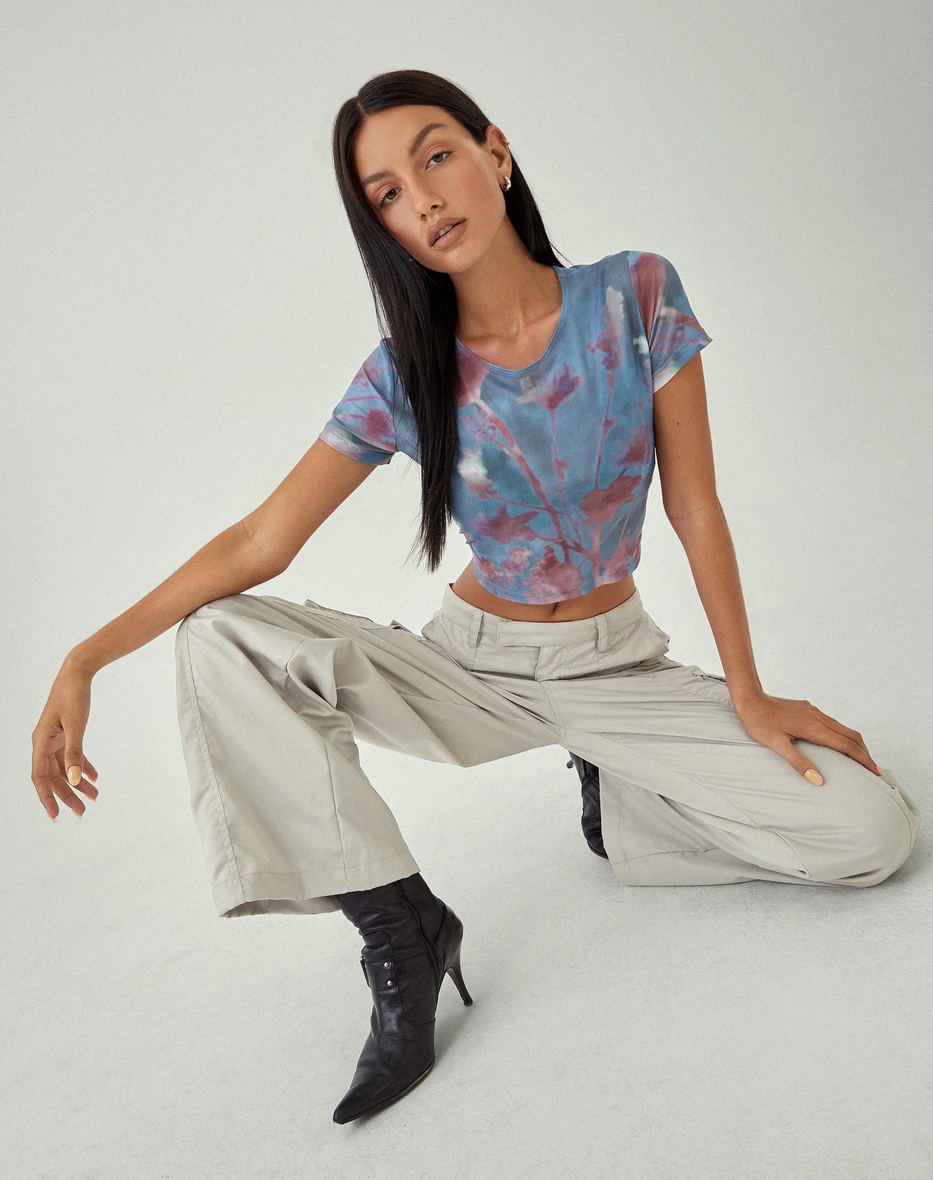 MOTEL X JACQUIE Tonia Printed Top in Lumen Mesh Blue