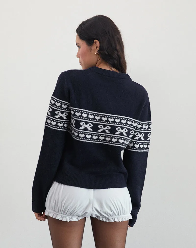 Namirta Knitted Jumper in Peacoat with Fairisle Bow