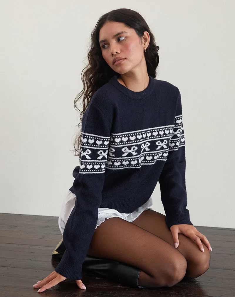 Namirta Knitted Jumper in Peacoat with Fairisle Bow