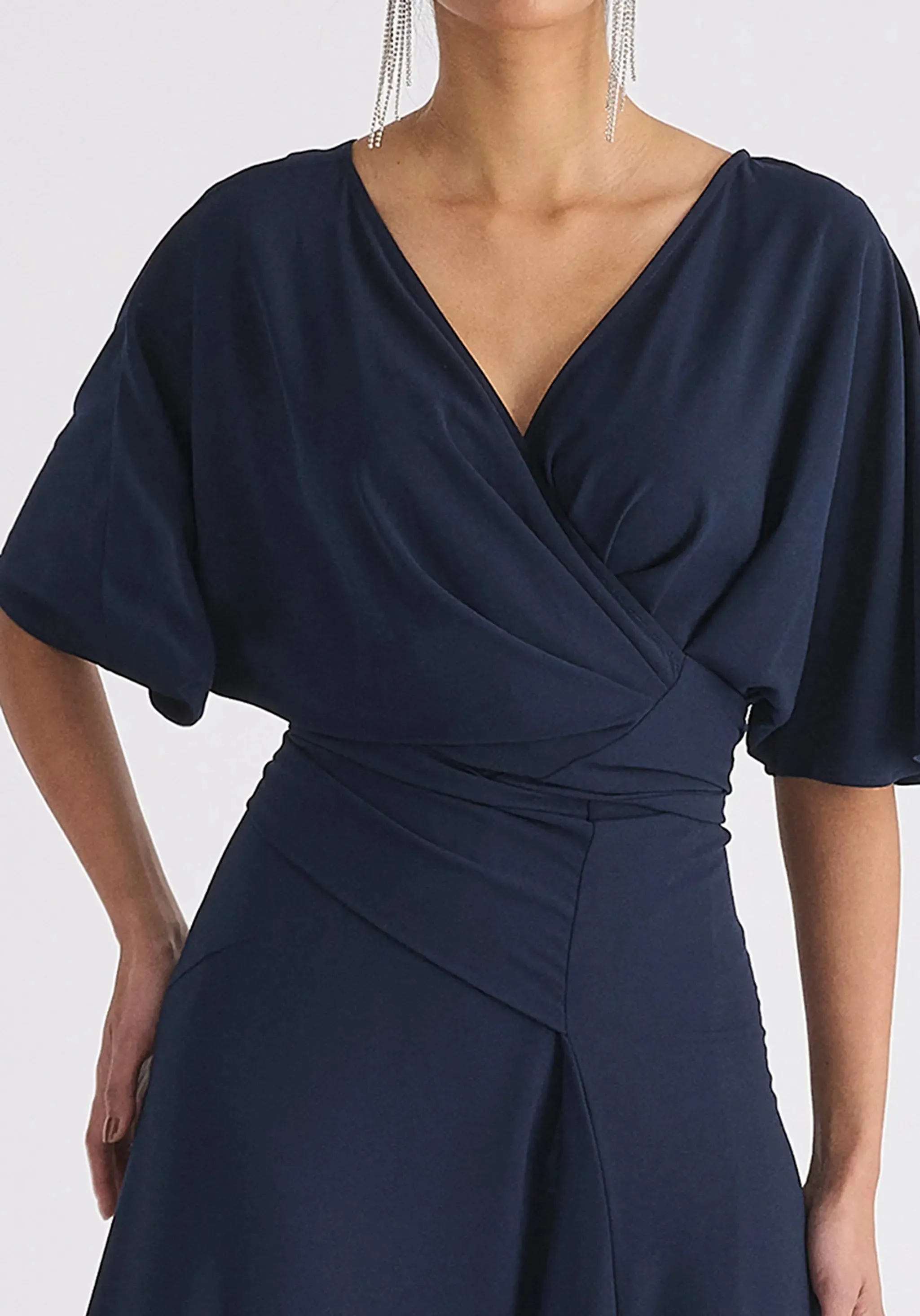 Navy Flare Sleeves Maxi Wrap Dress