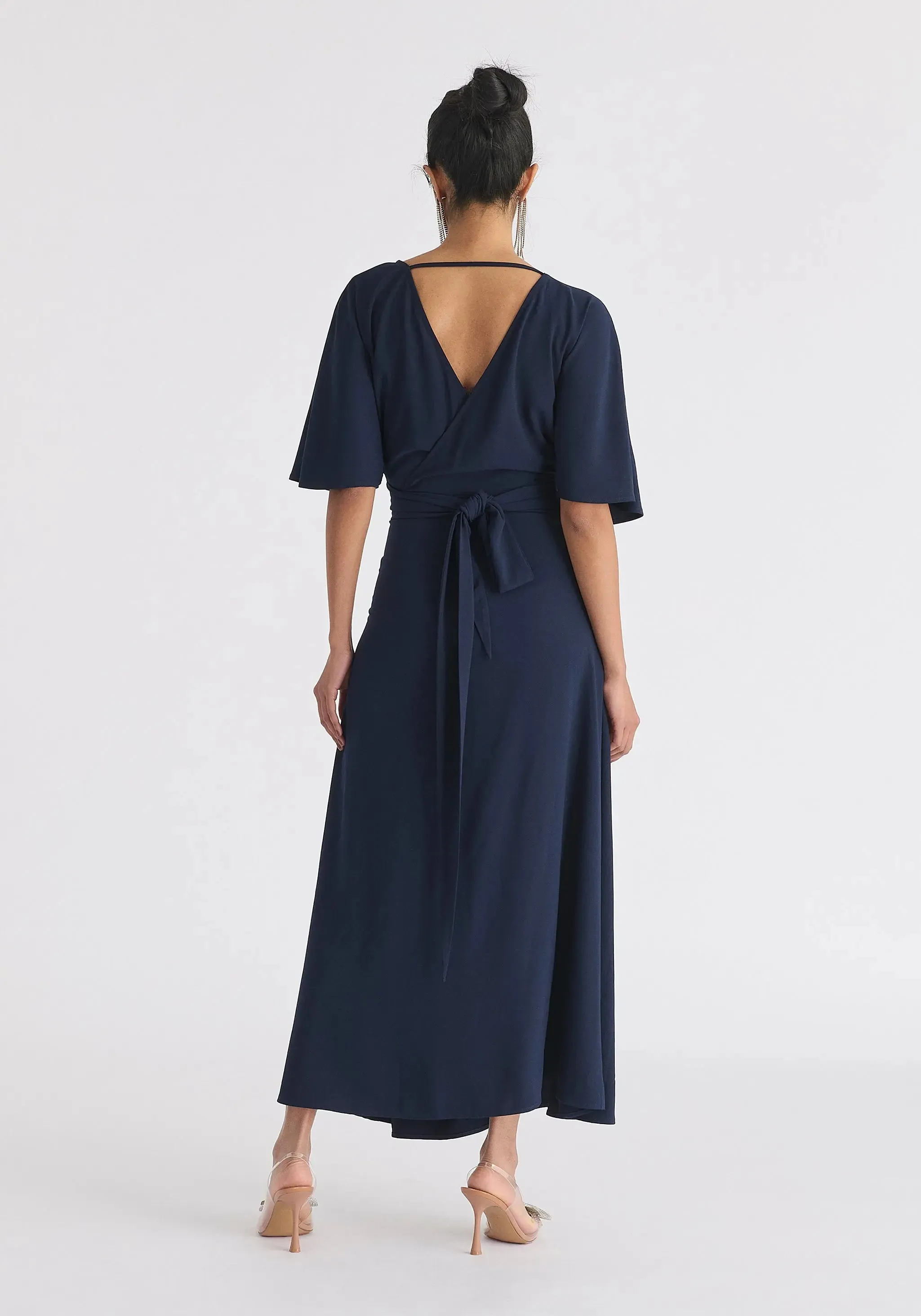 Navy Flare Sleeves Maxi Wrap Dress