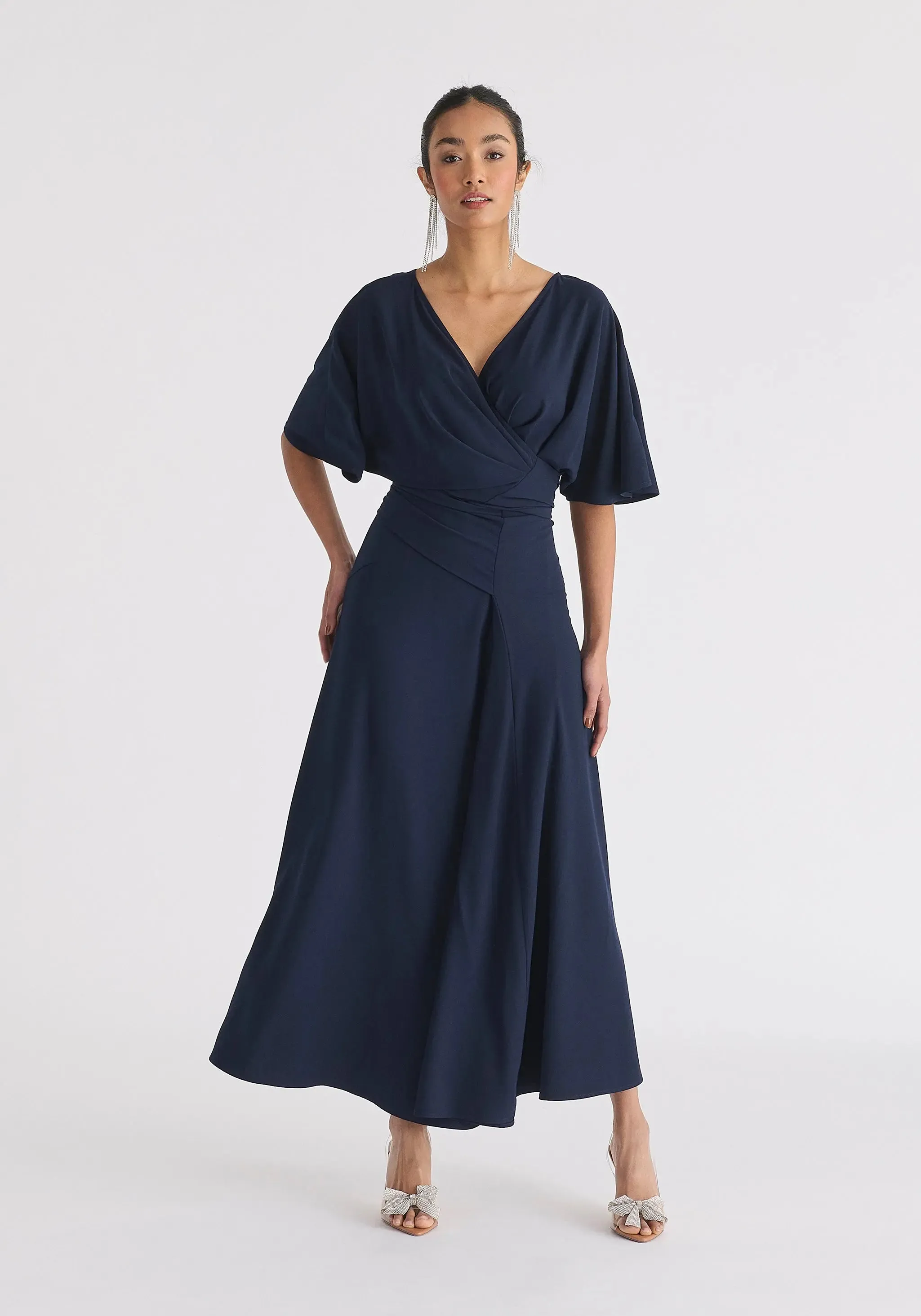 Navy Flare Sleeves Maxi Wrap Dress