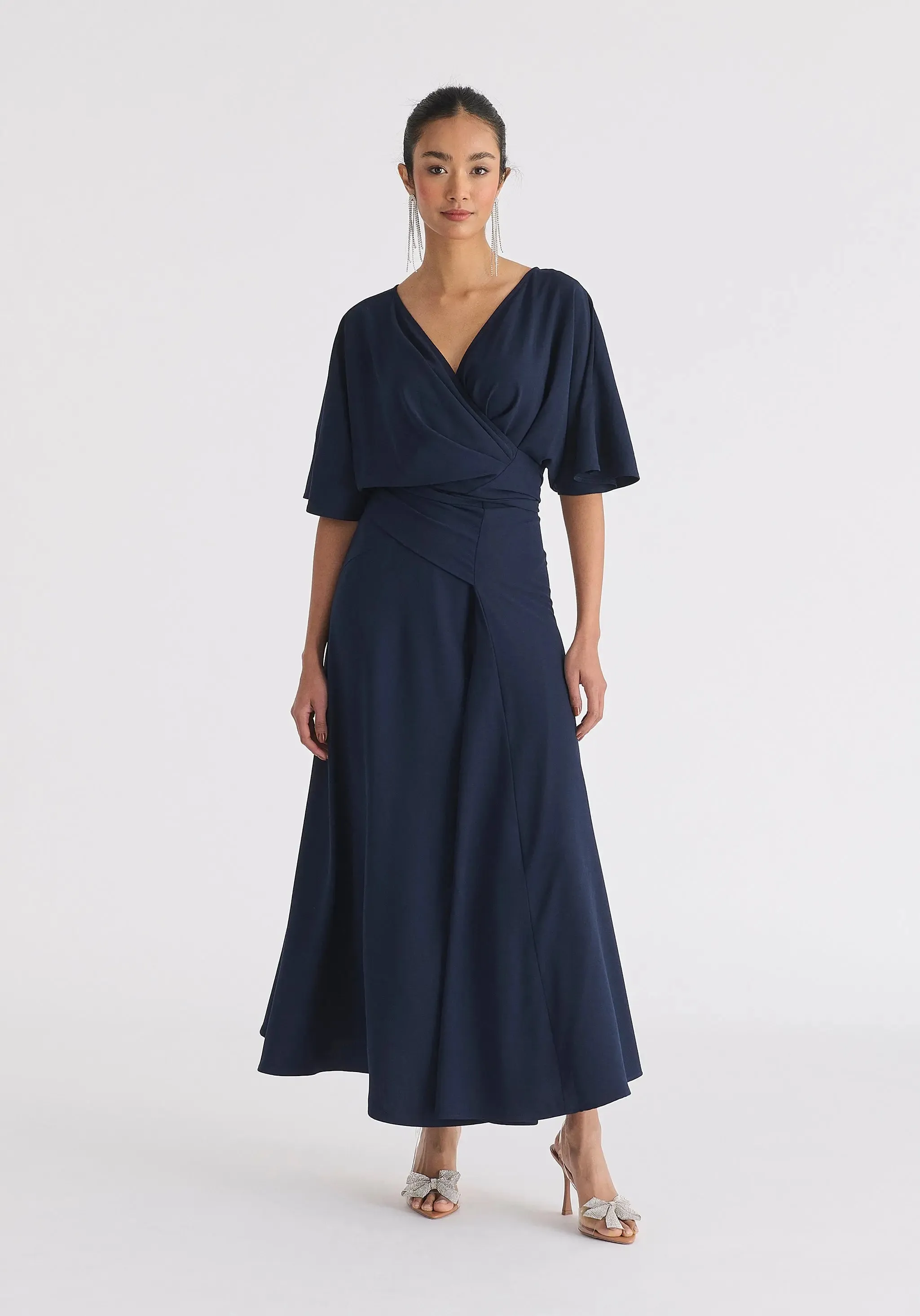 Navy Flare Sleeves Maxi Wrap Dress