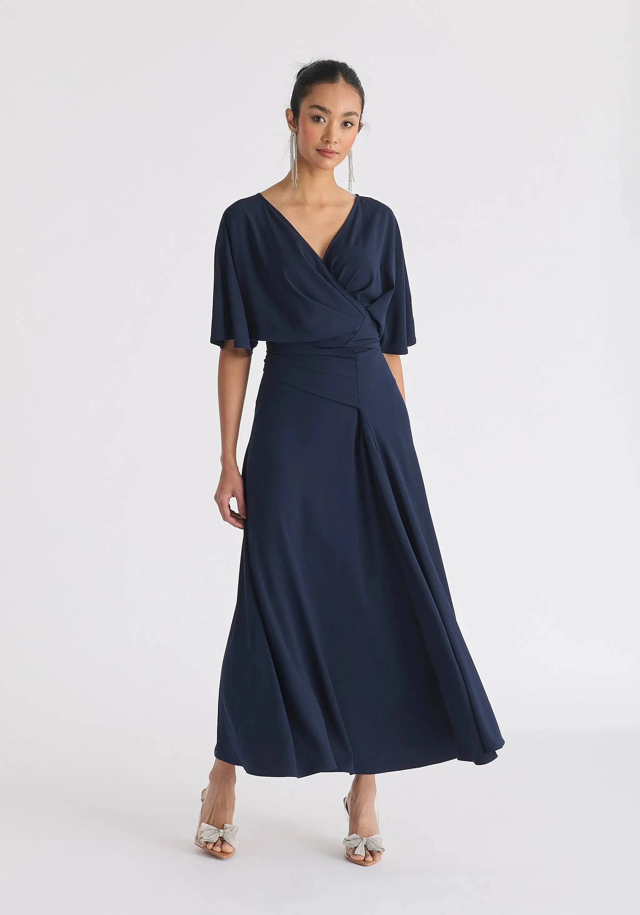 Navy Flare Sleeves Maxi Wrap Dress