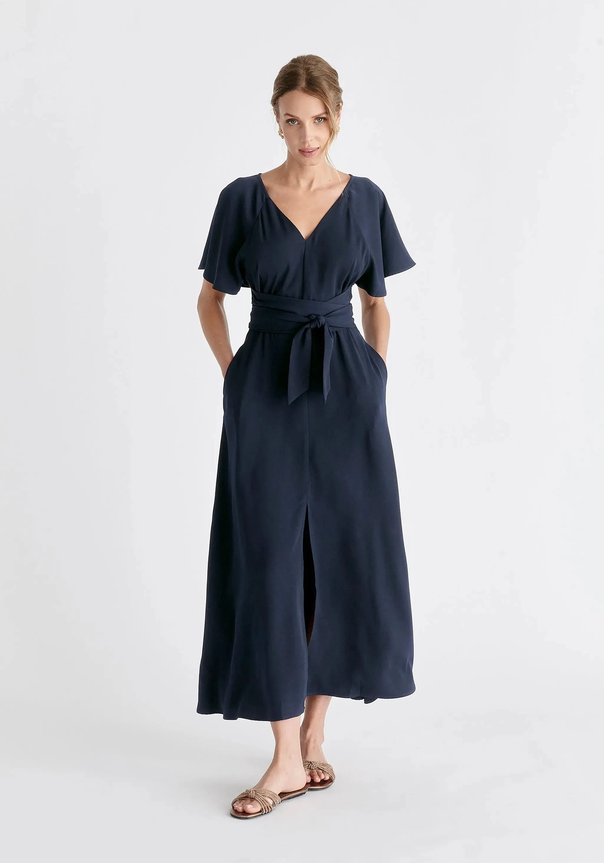 Navy Maxi Waist Tie Dress