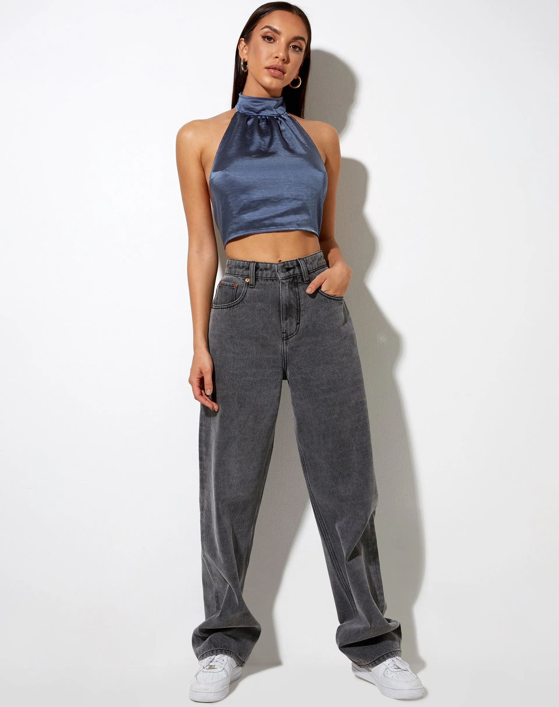 Noela Crop Top in Satin Slate Blue