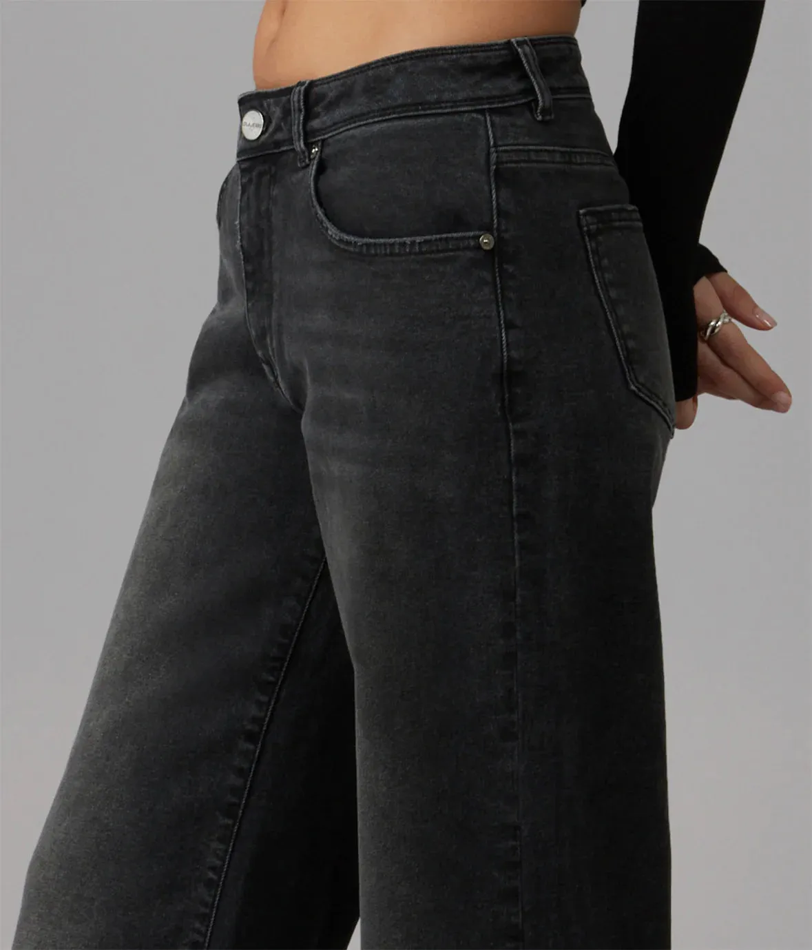 Nova Mid Rise Wide Leg Jeans - Black Ash