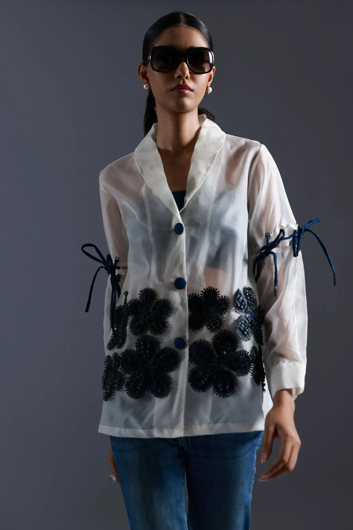 Organza Blazer With Denim Flowers And Leather Trims