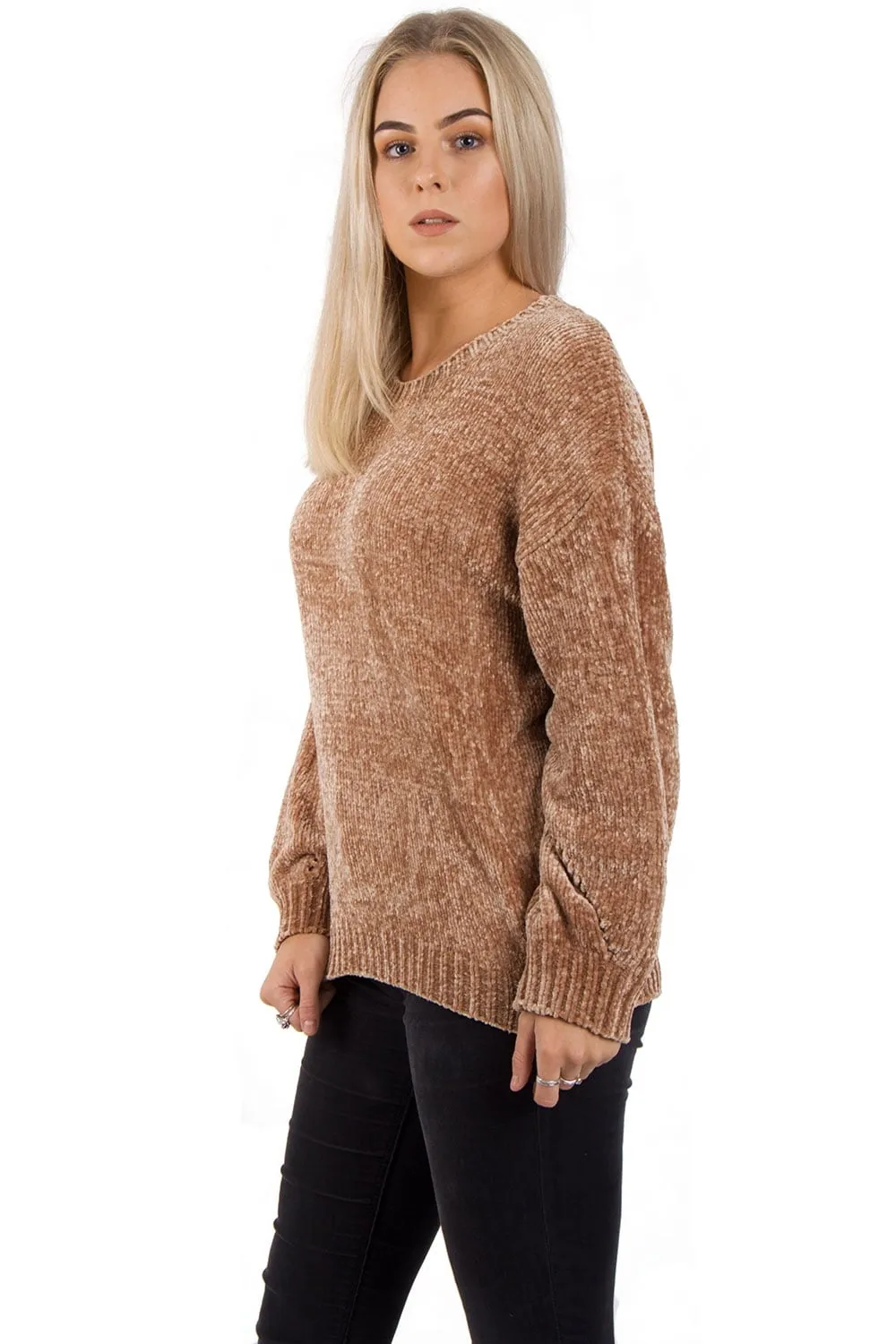 Oversized Soft Chenille Knitted Hole Design Sleeve Jumper