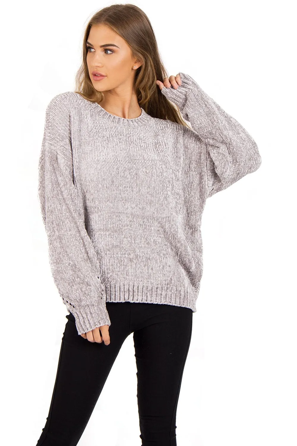 Oversized Soft Chenille Knitted Hole Design Sleeve Jumper