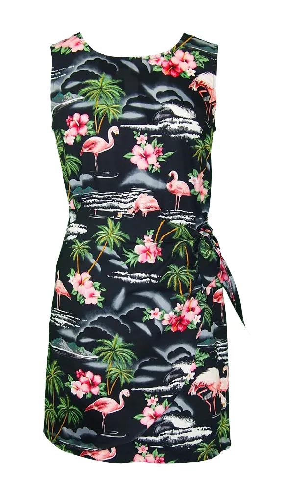 Pink Flamingo Tropical Hawaiian Print Sarong Dress in Black