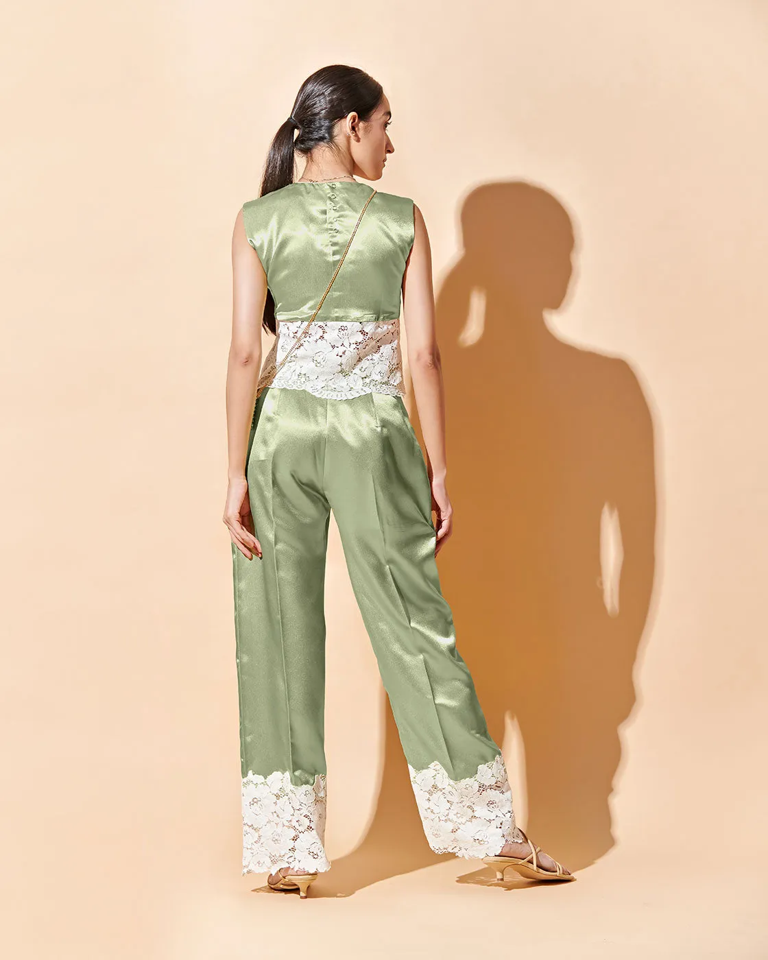 Pistachio Crop Top And Pant - Satin Co Ord Set