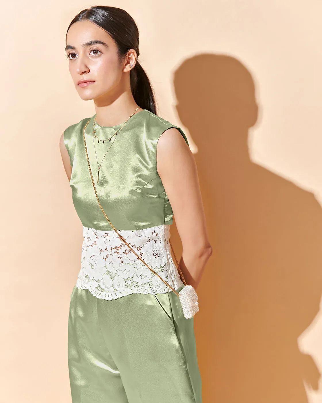 Pistachio Crop Top And Pant - Satin Co Ord Set