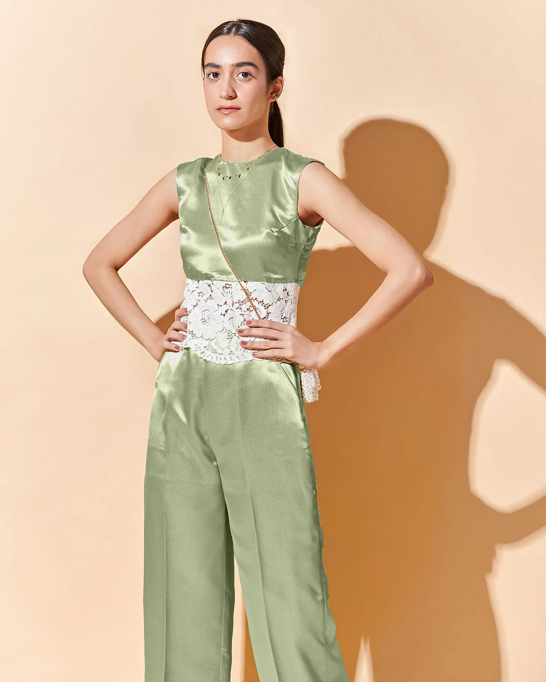 Pistachio Crop Top And Pant - Satin Co Ord Set