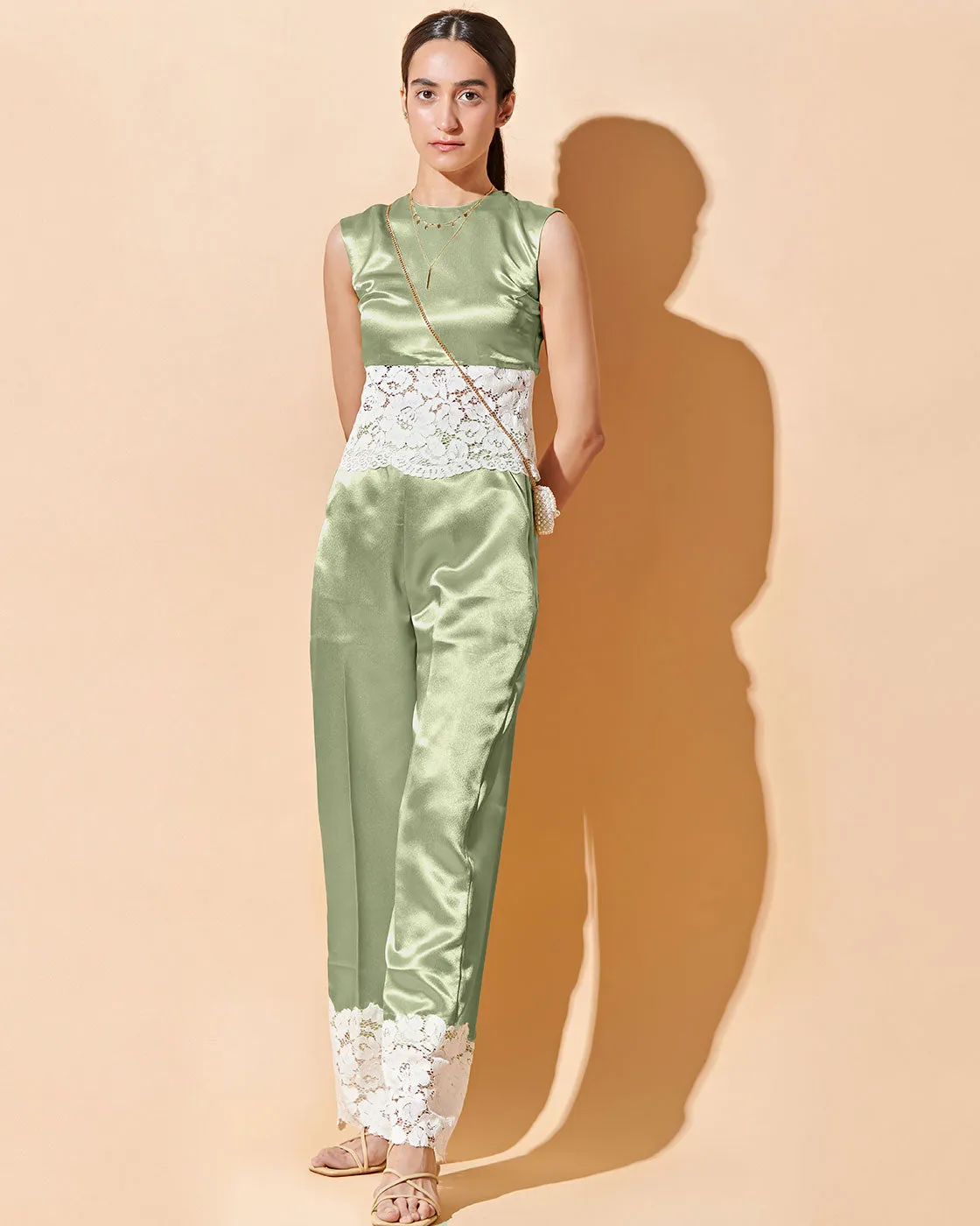 Pistachio Crop Top And Pant - Satin Co Ord Set