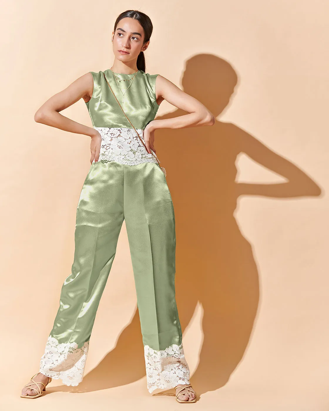 Pistachio Crop Top And Pant - Satin Co Ord Set